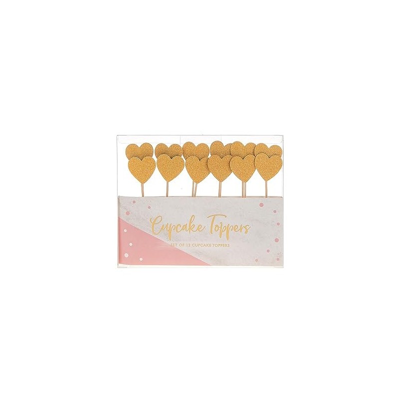 12 Gold Heart Shaped Cupcake Toppers Party Supplies Celebration Accessories