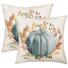 Fall Blue Pumpkin Pillow Covers 22x22 Inch Set of 2 Cute Fall Decoration Watercolor Pumpkins Leaves Autumn Harvest Decorative Throw Pillows Thanksgiving Farmhouse Decor Cushion Case for Sofa Couch