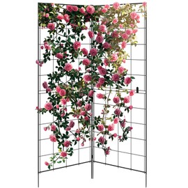 HEYTIMI 1 Pcs 2 Panel Folding Garden Trellis for Climbing Plants, Tall Durable Powder Coated Steel Frame Cucumber Trellis, Outdoor Raised Bed Plants Support for Peas, Beans, Flowers, Fruit & Vegetable