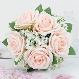 Artificial Bridesmaid Bouquets Set of 6 - 7 Inch Bridesmaid Flower Bouquet Peach Pink Rose Babys Beath Small Floral Bouquet for Wedding Holding Flowers,Bridal Shower Wedding Ceremony Anniversary