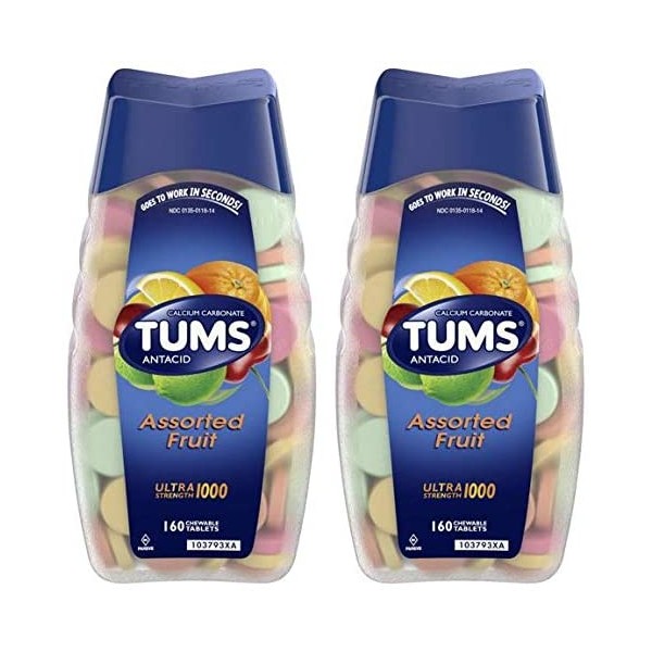 TUMS Ultra Strength Antacid Tablets for Chewable Heartburn Relief and Acid Indigestion Relief, Assorted Fruit, 2 Count