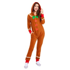Tipsy Elves Christmas Onesies for Adults - Comfy Unisex Matching Holiday Jumpsuits with Convenient Pockets - Brown Gingerbread Christmas Jumpsuit Size Small