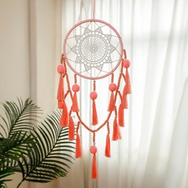 Pink Dream Catcher Wall Decor with Pompoms Macrame Large Dreamcatcher, Handmade Tassels Hanging Ornament Boho Room Decor for Girls Bedroom Living Room