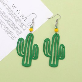 Vintage Saguaro Cactus Dangle Earrings for Women, Green Plated Cacti Hollow Metal, Lovely Western Plant, Charm Bohemian Statement Earrings (Green)