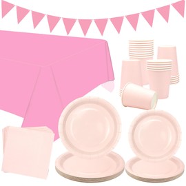 Pink Party Tableware Supplies - Serves 20, Pink Pastel Party Decoration Dinnerware includes Plates, Cups, Napkins, Banner, Tablecloth for Graduation Wedding Birthday Party Baby Shower Decorations