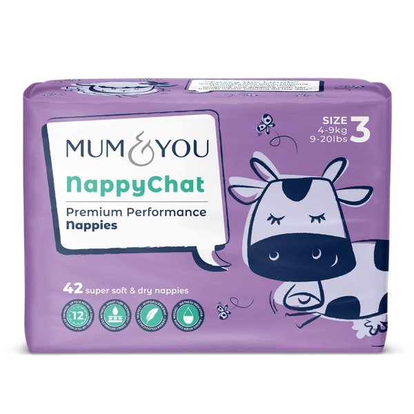 Mum & You Nappychat Premium Performance Eco Diapers, Size 3 (42 Diapers) Smart Tube Technology. Leak Protection. 100% Recyclable. Hypoallergenic, Dermatologically-Tested. No Lotion, Perfume or Dyes.