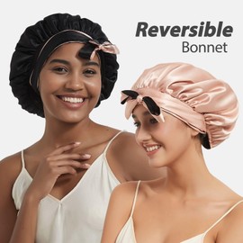Hat Hut Satin Bonnet Silk Bonnet for Sleeping Cap for Curly Hair Bonnet for Women Double Layer Reversible Bonnet with Tie Band (Pink/Black)