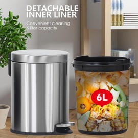 Trash Can Stainless Steel Mini Trash Can 6L/1.6Gallon Round Portable Pedal Garbage Can with Lid for Bathroom, Office, Kitchen Capacity Removable Inner Basket Easy to Clean (2)
