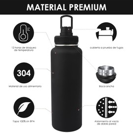 1100ML Botella Térmica，Hisemy Termo de Acero Inoxidable sin BPA，100% a prueba de fugas, aislamiento de doble pared，para Agua Fría (24 horas) o Caliente (12 horas)