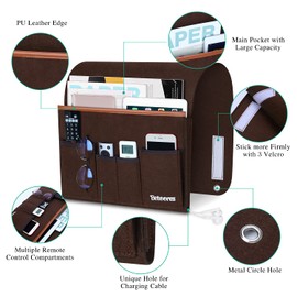 Sofa Armrest Organiser, Sofa Organiser, Bed Bag for Hanging, Felt Hanging Organiser Bag with 5 Pockets for Couch, Chair, Bed, Bed Railing, Desks, Counters, Cupboard, TV, Coffee Brown