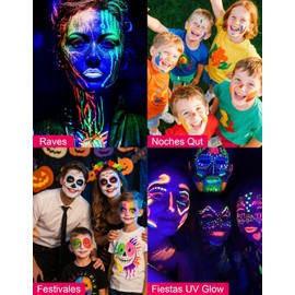 Erinde Pintura Facial y Corporal Neon UV - Kit de 6 Colores Fluorescentes Brillantes con Luz Negra, Formula Lavable No Tóxica, Ideal para Fiestas Nocturnas, Carnaval y Mardi Gras,#01