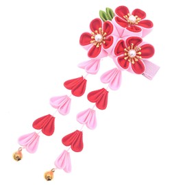 Women Girl Kimono Traditional Tsumami Kanzashi Hair Clip Japanese Asian Wedding Hair Tie Flower Hairpin Accessories Headwear (Red)