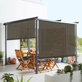Windscreen4less Outdoor Shade Blinds Patio Roll Up Blackout Shades Exterior Roller Privacy Screen for Pergola Balcony Porch Carport Deck Window, 6' W x 6' L Brown Hollow Out