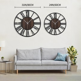 LEIKE Large Wall Clocks for Living Room,Silent,Non Ticking,Battery Operated Oversized Vintage Round Modern Wood Wall Clock for Bedroom,Farmhouse,Office Home Decor-24 Inch(Black-Roman Numerals)