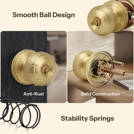 LOQRON Brushed Gold Keyed-NOT-Alike Flat Ball Door Knob with Keys and Lock, 3 Pack Wholesale Keyed Entry Round Design Doorknob for Front/Entrance Doors, Satin Brass Finish