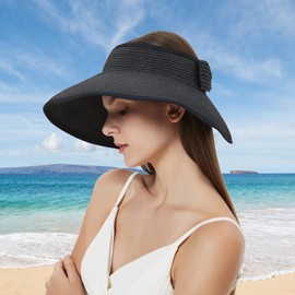Maylisacc Adjustable Straw Open Top Straw Sun Hat Roll-Up Design, Foldable Wide Brimmed Straw Visor Hats for Women Ladies, Black