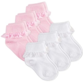 6 Pairs Babies Baby Girls Cotton Rich Socks Turn Over Top Plain White Pink 0-2.5