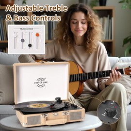 Vinyl Record Player with Treble & Bass Gain Vintage 3-Speed Bluetooth Suitcase Portable LP Turntable Player with Built-in Speaker, 33 45 78RPM, Belt Drive, Auto Stop, RCA/AUX/Headphone Jack, Khaki