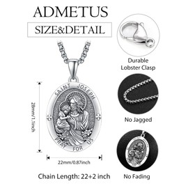 St Joseph Medal for Men 925 Sterling Silver Oval Saint Joseph Pendant Necklace Protection Jewelry Religious Gifts