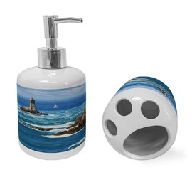 Ambesonne Lighthouse Soap Dispenser & Toothbrush Holder Set, Daytime Lighthouse Wavy Ocean View and Clear Sky Rocky Islands Sailboat, Ceramic Bathroom Toiletry Accessories, 2 Pcs, Blue Grey White