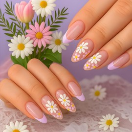 Almond Flower Press on Nails 24Pcs False Nails with French Tip Design Fake Almond Shape Stick on for Women Summer Glossy ABS Material Full Cover Art Set (Short Oval Flower)