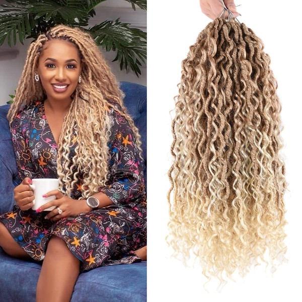 Alimiriam River Faux Locs Crochet Hair 22inch 5 Packs New Goddess Locs Crochet Hair Omber Blonde Curly Faux Locs Wavy Crochet Hair with Curly Ends Synthetic Hair Extensions (22" 5Packs 27/613#)