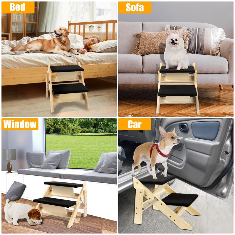 Foldable Dog Stairs/Ramp with 2 Steps - Durable Wooden Pet