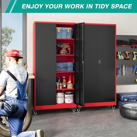 SISESOL 75" Tall Metal Storage Cabinet with Wheels,Rolling Garage Storage Cabinet with Lock,Red Metal Cabinets on Wheels,Locking Tool Cabinets on Wheel for Garage,Home,Office,Shop