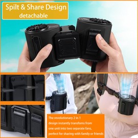 WZ-ruijiang Portable Waist Fan Detachable Dual-Fan Combination Turbo Technology10000 mAh 5-Speed 13000RPM Clip On Belt Wearable Personal Neck Fan for Traveling Outdoor Jobsite Camping (BLACK)