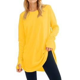 Fisoew Women's Casual Long Sleeve Tops Crew Neck Round Hem Loose T-Shirts Tunic Tops with Thumb Holes Fluorescent Yellow
