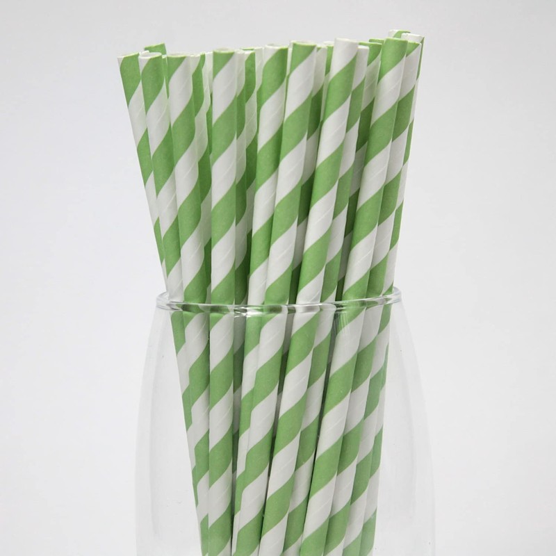 Green & White Striped Paper Straws (6mm x 200mm) -