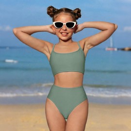 Costume da bagno per ragazze, tinta unita, 2 pezzi, incrociato, spalline regolabili, bikini per ragazze adolescenti con imbottitura sul petto, Verde, 10-11 Anni