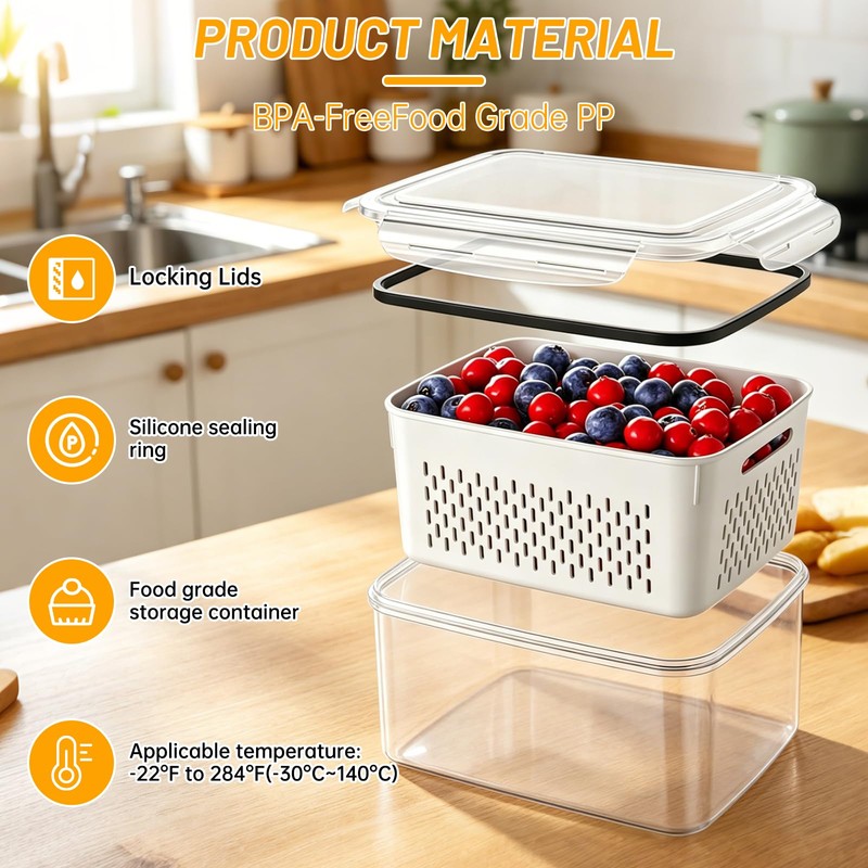 IKKAB 3 Pack Fruit Storage Containers for Fridge with Removable