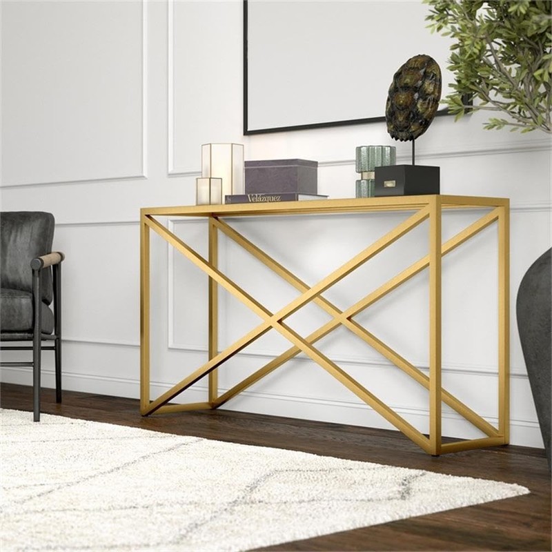 Calix 55'' Wide Rectangular Console Table in Brass