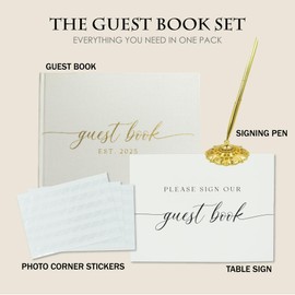 Gooji 2025 Linen Wedding Guest Book for Your Wedding Reception - Simply Elegant Guestbook to Sign in and Add Polaroid Photos - The Perfect Wedding Or Baby Shower Guest Book (Ivory) Gold Foil, Blank