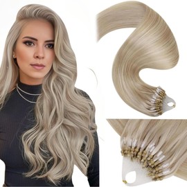LaaVoo Micro Ring Extensions, Real Hair, Blonde Extensions, Micro Ring Extensions, 1 g/Strand, Ash Blonde, Highlighted Blonde, Micro Bead Extensions, 50 grams, 35 cm, #P18/613