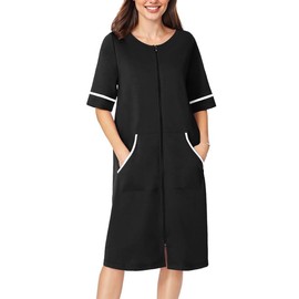 Ekouaer Women Zipper Robe Short Sleeve Duster Housecoat Short Bathrobes Zip Front Nightgown with Pockets, Black, Medium