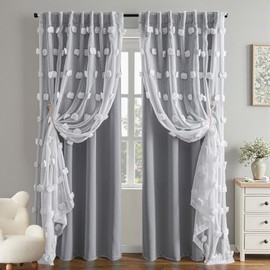 MYSKY HOME Grey Blackout Curtains for Kids Room Boys Bedroom 84 Inch Long Double Layer Curtain with White Pom Pom Sheer for Dining Room Back Tab Room Darkening Window Drapes 2 Panels, 52 x 84 in