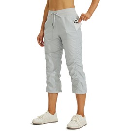 Willit Women's Quick-Dry Capris Hiking Travel Pants Striped Woven Workout Pants with Pockets Lightweight Light Gray L