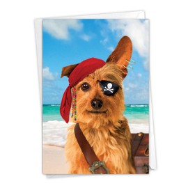 NobleWorks - 1 Cute Birthday Card with Envelope - Funny Wild Animals and Pets, Birthday Greeting - Pirate Dog C3207BDG