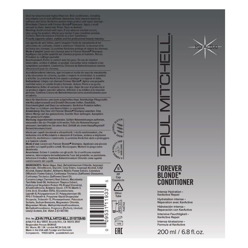 Paul Mitchell Forever Blonde Acondicionador, Repara Hidrata Profundamente, Ideal Para