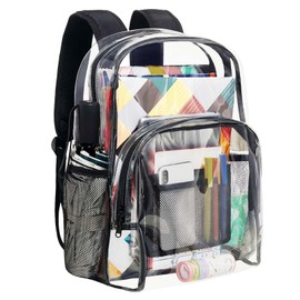 Vorspack Clear Backpack Heavy Duty PVC Transparent Backpack with Reinforced Strap Stitches & Large Capacity for College Workplace Security - Black