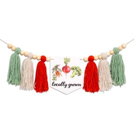 Gostman Locally Grown High Chair Banner - Farmhouse Tassel Banner Garland with Wooden Beads, Vegetable Themed Party Decorations (Locally Grown Banner)