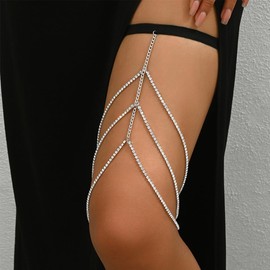 CABODYALS Silver Rhinestone Body Chains Layered Crystal Bikini Goth Punk Crossover Boho Tassel Gothic Summer Bohemia Rave Leg Thigh Jewelry Body Chain for Women Gifts Featival Parties Beach