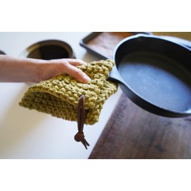 Eco Friendly Organic Double Thick Cotton Potholder, Hand crocheted & Hand dyed - Pot Holders handmade with removable leather loops trivet natural hot pad washable modern kitchen (CARDAMOM)