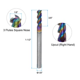 sourcing map Carbide Square End Mill, 1/8" Diameter Diamond-Like Carbon Coated 3 Flutes Milling Bit Cutter, for Aluminum Copper Non-Ferrous Metal, 1/8" Shank 3/8" Cut Length 1-1/2" Long HRC50