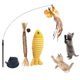 TheGuard Cat 1 Wand, 1 Feather Bird, 1 Natural Silvervine Matatabi Chew Sticks & 1 Catnip Fish Toys for Dental Health and Joy + extra Suction Cup
