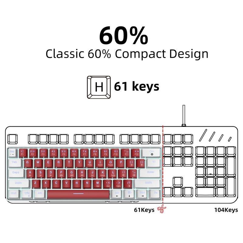 Snpurdiri Wired 60% Mechanical Gaming Keyboard, White LED Backlit Ultra-Compact