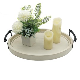 Oval Rustic Wooden Decorative Tray, Serving Tray with Metal Handles, Ottoman Coffee Table Tray, Farmhouse Centerpiece for Kitchen or Living Room (White)
