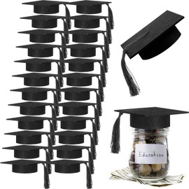 Mindsoft Graduation Cap Decorations Mason Jar Lid with Tassels 4.2 Inch Grad Hat Large Mason Can Toppers for Graduation Party table (Black Tassels,24 Pcs)
